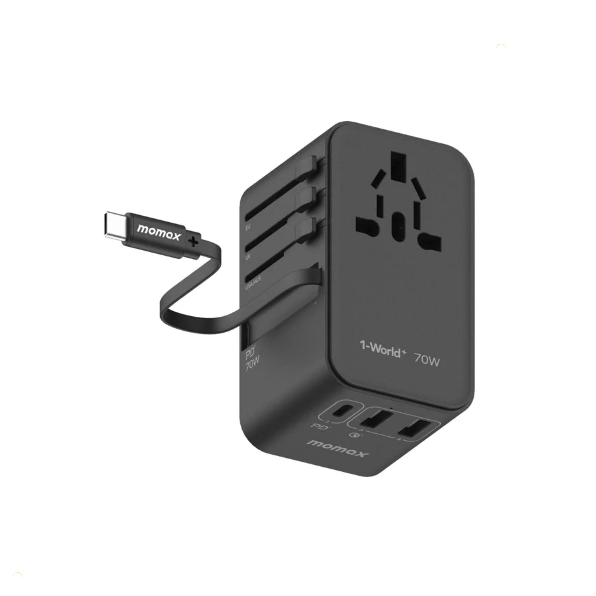 Momax 1-World PD Global Travel Fast Charging Adapter 25W 3 Port With Built-In USB-C Cable 70cm